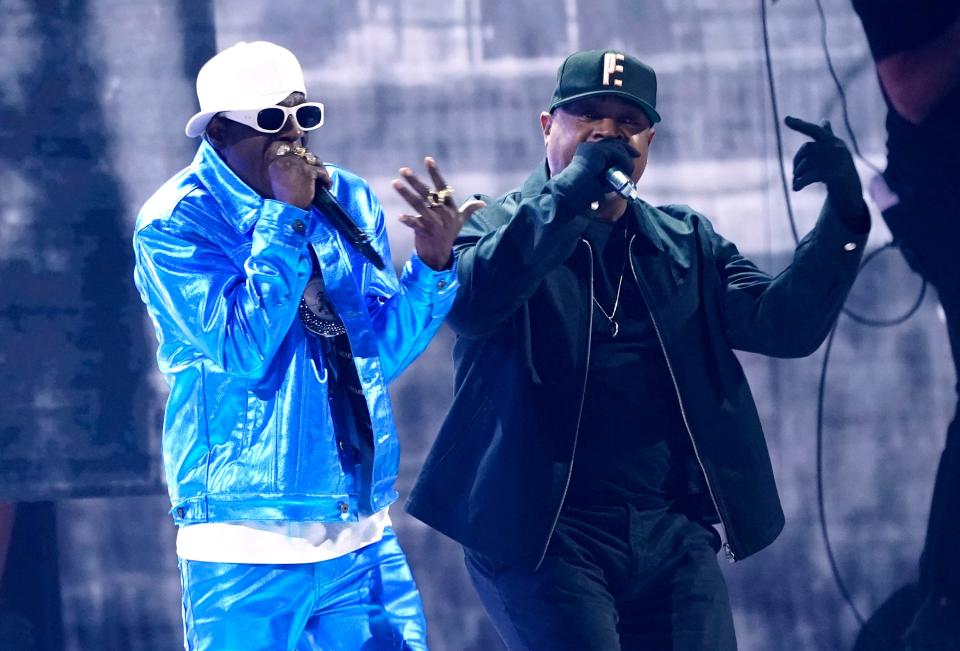 Flavor Flav, left, and Chuck D. perform "Rebel Without a Pause" at the 65th annual Grammy Awards on Sunday, Feb. 5, 2023, in Los Angeles. (AP Photo/Chris Pizzello)