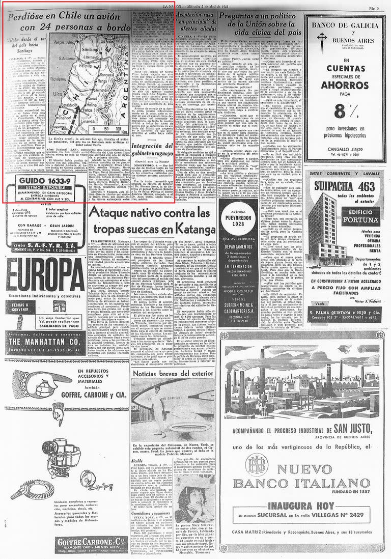 Artículo del diario LA NACION del 5 de abril de 1961en el que se anunciaba la desaparición del avión