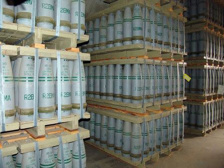 Mustard gas-filled 155mm projectiles are seen inside a chemical storage igloo, at the Pueblo Chemical Depot in an undated photo provided by the U.S. Army Chemical Materials Activity (CMA) in Pueblo, Colorado. REUTERS/U.S. Army Chemical Materials Activity/handout via Reuters