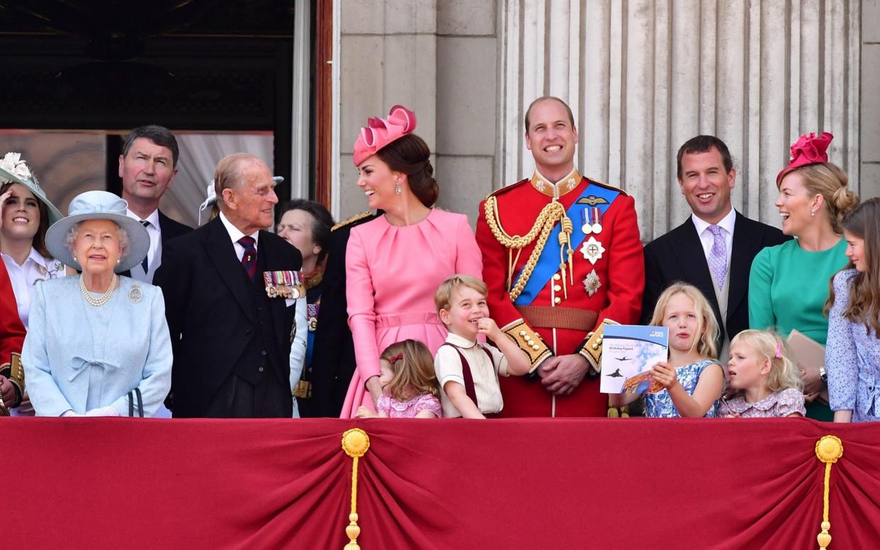 Princess Eugenie of York, Queen Elizabeth II, Vice Admiral Timothy Laurence, Prince Philip, Duke of Edinburgh, Catherine, Duchess of Cambridge, Princess Charlotte of Cambridge, Prince George of Cambridge, Prince William, Duke of Cambridge, Savannah Phillips, Peter Phillips, Isla Phillips and Autumn Phillips stand on the balcony of Buckingham Palace  - James Devaney/WireImage 