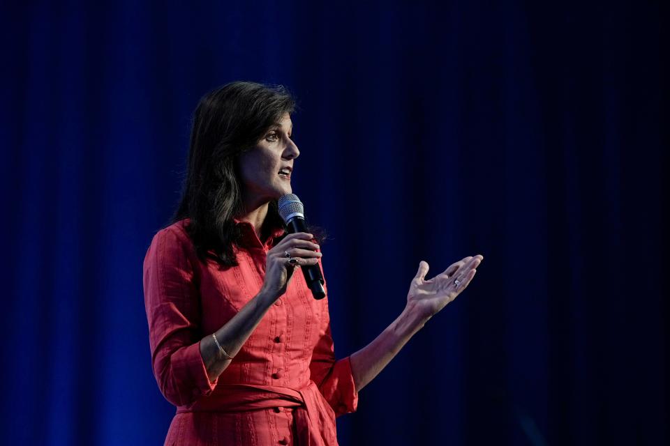 Republican presidential candidate Nikki Haley speaks at the Moms for Liberty meeting in Philadelphia, Friday, June 30, 2023. (AP Photo/Matt Rourke)