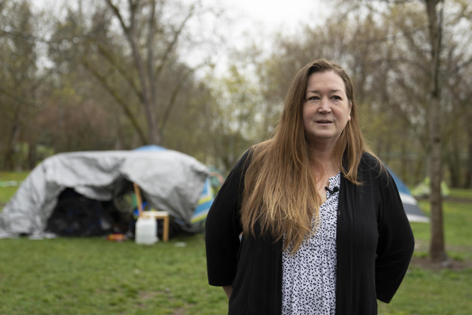 Grants Pass Mayor Sara Bristol visits Tussing Park, Friday, March 22, 2024, in Grants Pass, Ore. (AP Photo/Jenny Kane)