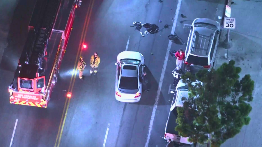 Emergency personnel respond to a crash involving three pedestrians in the Westlake neighborhood of Los Angeles on April 18, 2024. (KTLA)