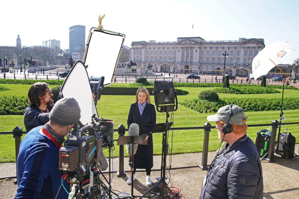 <p>Members of the media outside Buckingham Palace in London the day after the Duke and Duchess of Sussex's interview with Oprah Winfrey was broadcast on ITV in the UK. Picture date: Tuesday March 9, 2021.</p>
