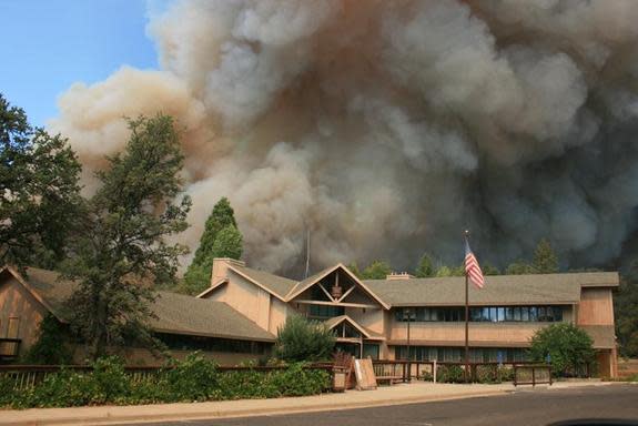 The Rim Fire approaches the Groveland Ranger Station in August 2013.