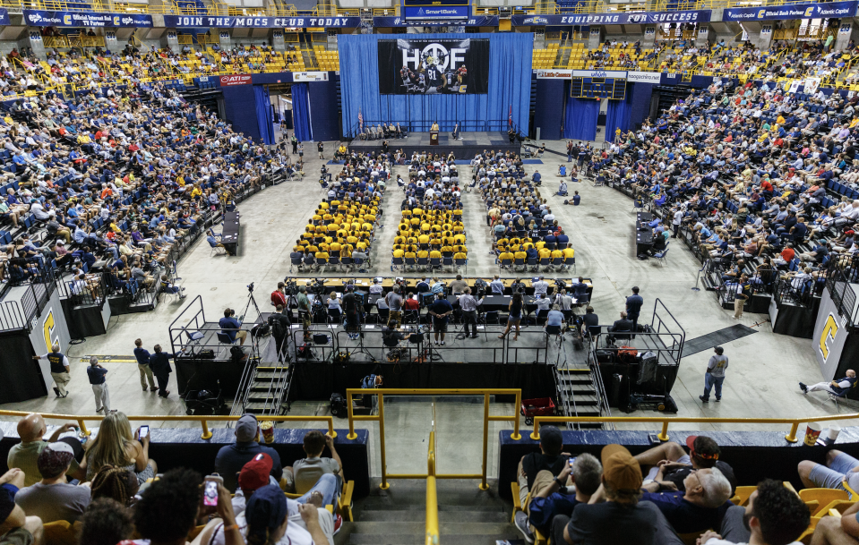 A crowd of around 3,000 gathered inside McKenzie Arena in Chattanooga, Tennessee, to watch Terrell Owens give his Hall of Fame induction speech. (AP)