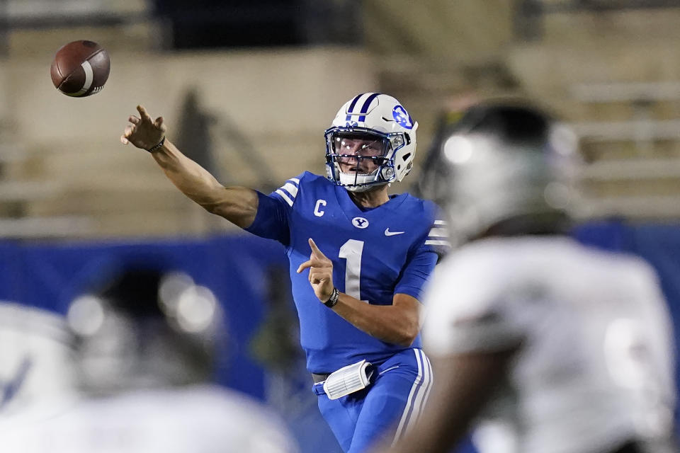 BYU quarterback Zach Wilson throws a pass against Troy during the second half of an NCAA college football game Saturday, Sept. 26, 2020, in Provo, Utah. (AP Photo/Rick Bowmer, Pool)