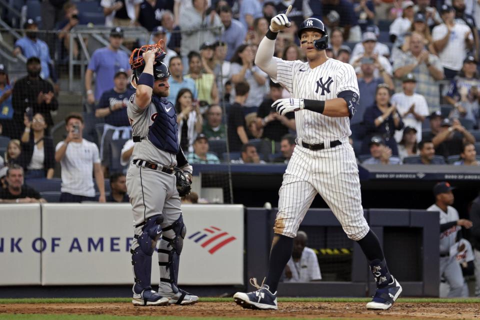 Aaron Judge of the New York Yankees reacts after hitting a home run against the Detroit Tigers during the third inning at Yankee Stadium in New York on Friday, June 3, 2022.