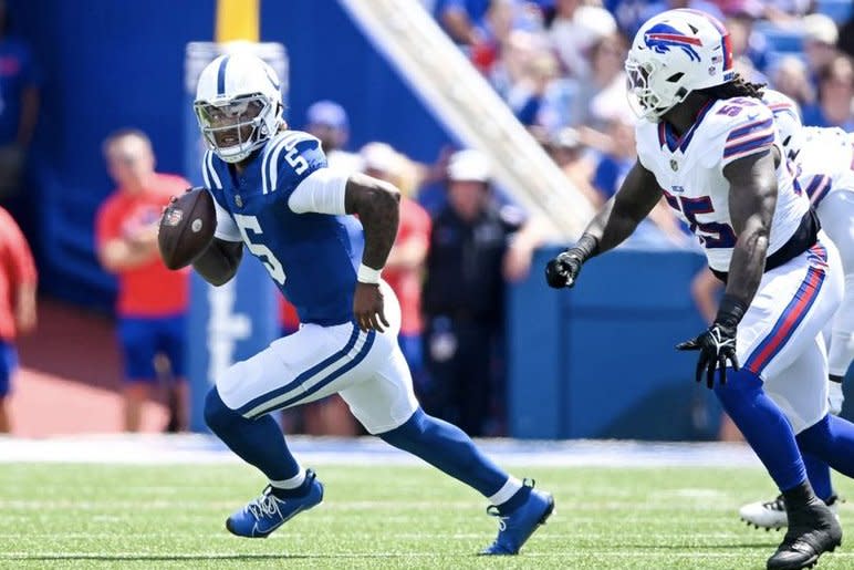 Indianapolis Colts rookie quarterback Anthony Richardson (L) started a preseason game against the Buffalo Bills on Saturday in Orchard Park, N.Y. Photo courtesy of the Indianapolis Colts
