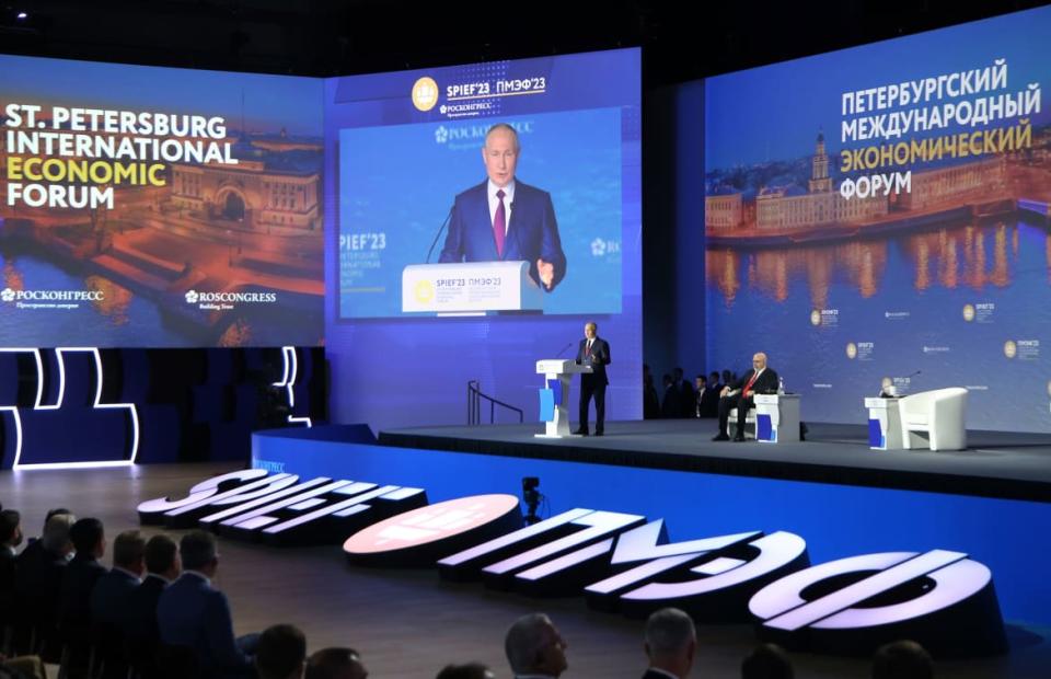 <div class="inline-image__caption"><p>Russian President Vladimir Putin gestures during his speech at the SPIEF 2023 St.Petersburg International Economic Forum on June 16, 2023 in Saint Petersburg, Russia. </p></div> <div class="inline-image__credit">Contributor/Getty Images</div>