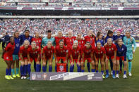 U.S. players pose for photos before an international friendly soccer match against Portugal, Thursday, Aug. 29, 2019, in Philadelphia. (AP Photo/Matt Slocum)