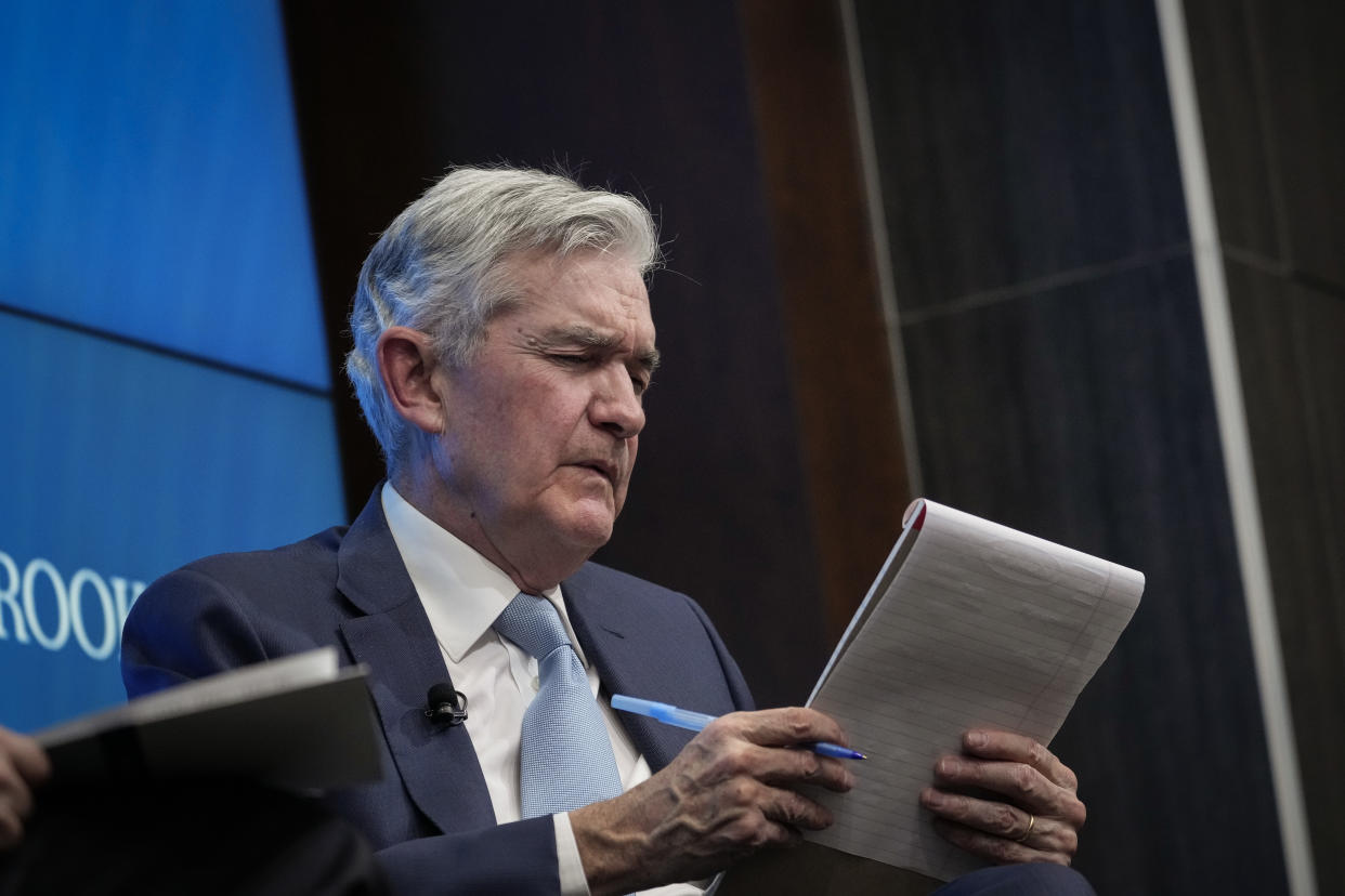 WASHINGTON, DC - NOVEMBER 30: Chair of the U.S. Federal Reserve Jerome Powell looks over notes while speaking at the Brookings Institution, November 30, 2022 in Washington, DC. Powell discussed the economic outlook, inflation and the labor market. (Photo by Drew Angerer/Getty Images)