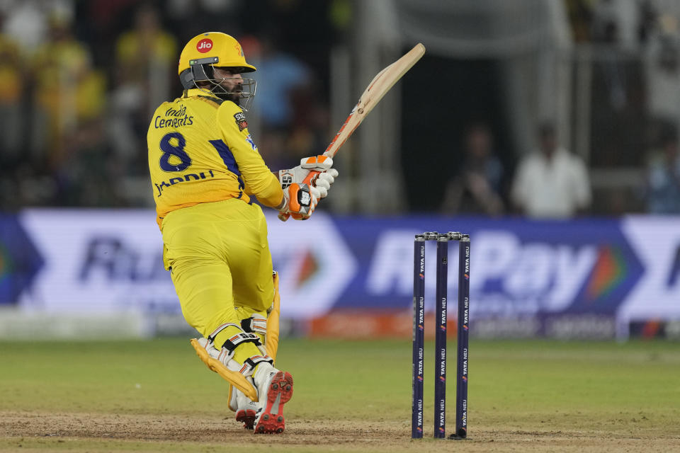 Chennai Super Kings' Ravindra Jadeja looks back after hitting the winning boundary during the Indian Premier League final cricket match between Chennai Super Kings and Gujarat Titans in Ahmedabad, India, Tuesday, May 30, 2023. (AP Photo/Ajit Solanki)