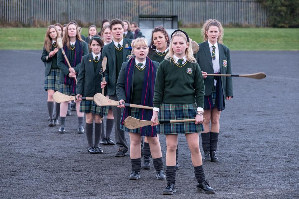 Erin (Saoirse-Monica Jackson), Clare (Nicola Coughlan), Michelle (Jamie-Lee O'Donnell), Orla (Louisa Harland) and James (Dylan Llewellyn) in Season 2 of &quot;Derry Girls.&quot;