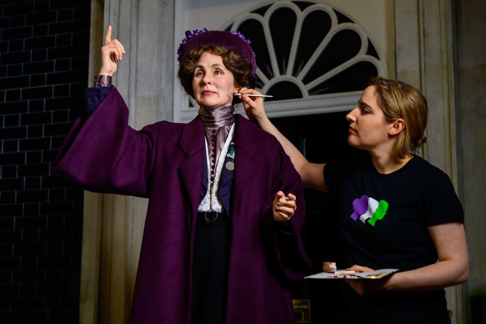 Madame Tussauds London's artist, Luisa Compobassi, puts the finishing touches to Suffragette and feminist trailblazer Emmeline Pankhurst's new figure