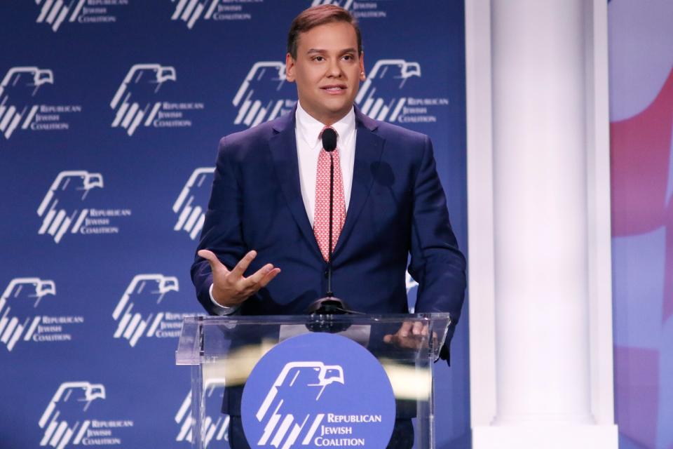 Representative-elect George Santos, a Republican from New York, speaks during the Republican Jewish Coalition (RJC) Annual Leadership Meeting in Las Vegas, Nevada, US, on Saturday, Nov. 19, 2022. Democrats defied political forecasts and historical trends to keep control of the Senate in a win for President Joe Biden, as voters rejected a handful of candidates backed by former President Donald Trump.