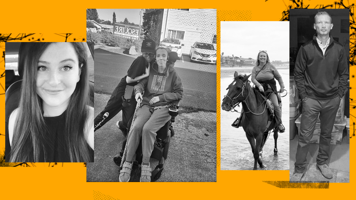 Black-and-white photo collage of people with stiff-person syndrome on a yellow-orange background. Auerbach is taking a selfie; Trujillo is in a wheelchair with a companion behind her; Galgani is riding a horse; and Larcher is standing as he poses for the camera.