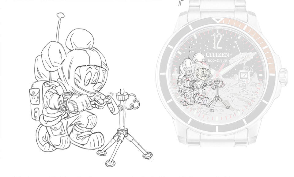 Sketch of Mickey Mouse in a spacesuit, next to the watch on which that drawing is featured.