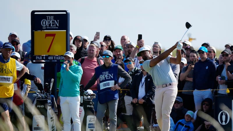 Tony Finau plays his tee shot off the seventh tee on the first day of the British Open at the Royal Liverpool Golf Club in Hoylake, England, Thursday, July 20, 2023. The Utah golfer is across the pond this week to compete in the Open Championship at Scotland's Royal Troon Golf Club.