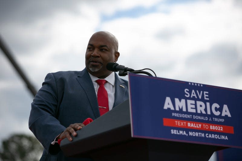SELMA, NC - APRIL 09: Lt. Gov. Mark Robinson speaks before a rally for former U.S. President Donald Trump at The Farm at 95 on April 9, 2022 in Selma, North Carolina. The rally comes about five weeks before North Carolinas primary elections where Trump has thrown his support behind candidates in some key Republican races.