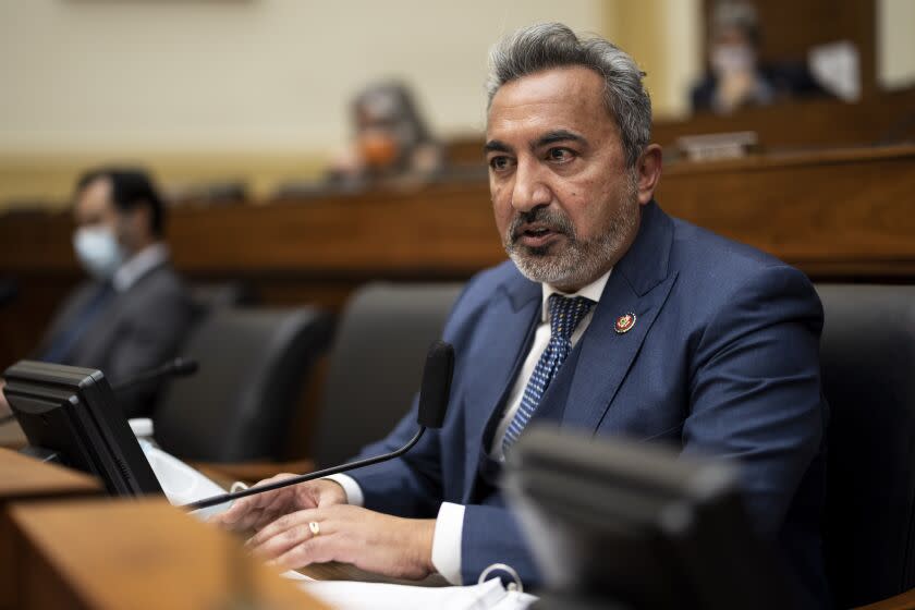 Rep. Ami Bera, D-Calif., speaks during the House Committee on Foreign Affairs hearing on the administration foreign policy priorities on Capitol Hill on Wednesday, March 10, 2021, in Washington. (Ting Shen/Pool via AP)