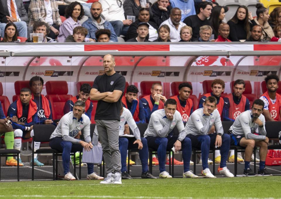 U.S. national team coach Gregg Berhalter watches from the sideline during an international friendly.