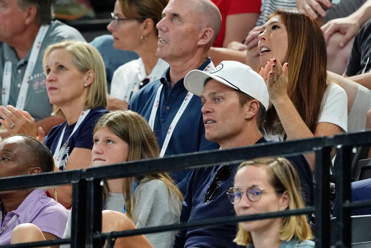 Former NFL player Tom Brady attends the final day of the 2024 Paris Olympics artistic gymnastics competition.