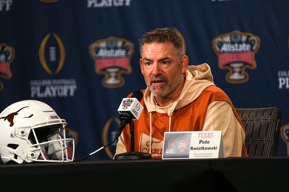 Texas defensive coordinator Pete Kwiatkowski speaks to the media during a press conference ahead of last season's Sugar Bowl. On Monday, he along with UT offensive coordinator Kyle Flood and special teams coordinator Jeff Banks met with local media likely for the last time until December bowl season.