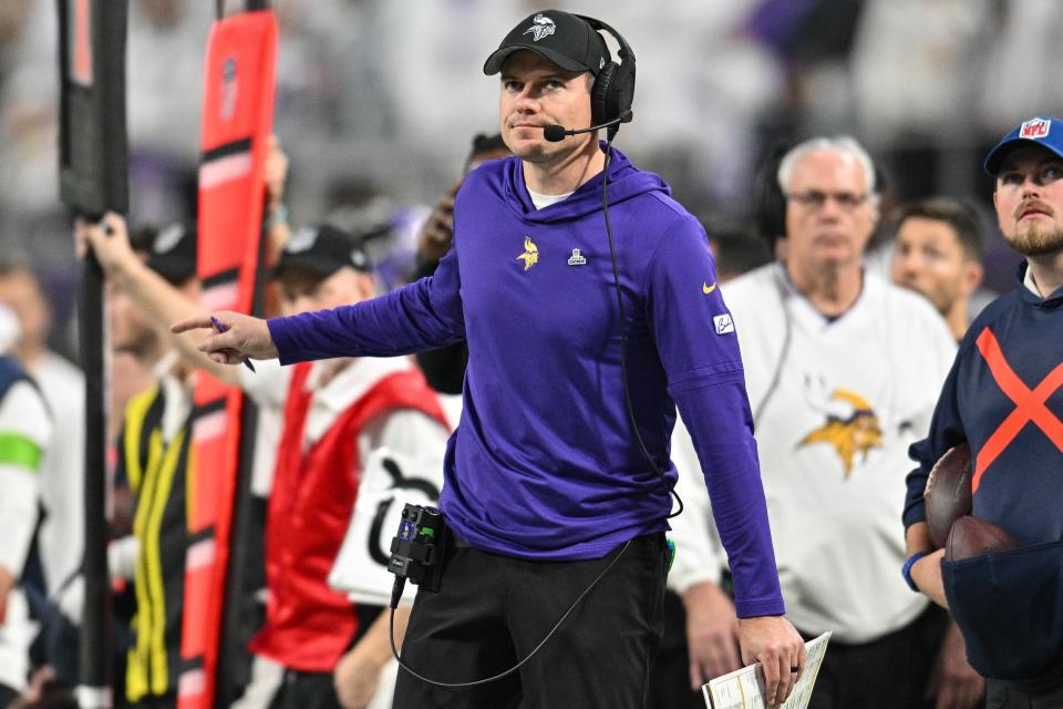 Dec 24, 2023; Minneapolis, Minnesota, USA; Minnesota Vikings head coach Kevin O’Connell reacts during the game against the Detroit Lions at U.S. Bank Stadium. Mandatory Credit: Jeffrey Becker-USA TODAY Sports