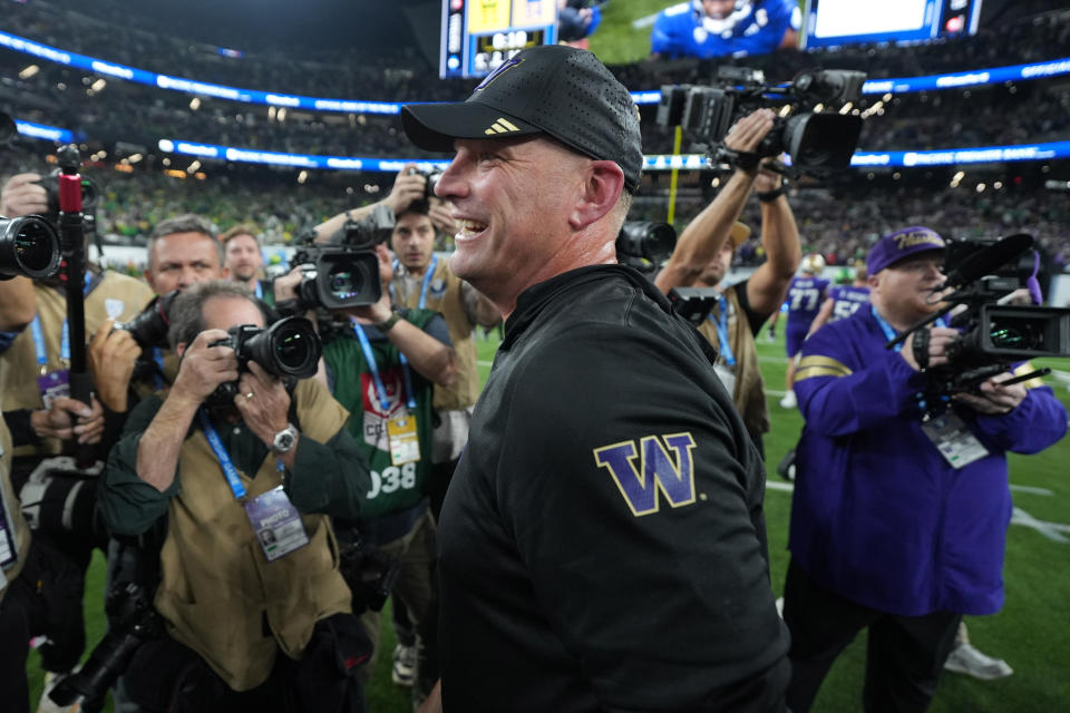 Dec. 1, 2023; Las Vegas, Nevada; Washington Huskies head coach Kalen DeBoer celebrates after victory over the Oregon Ducks in the Pac-12 Championship game at Allegiant Stadium. Kirby Lee-USA TODAY Sports