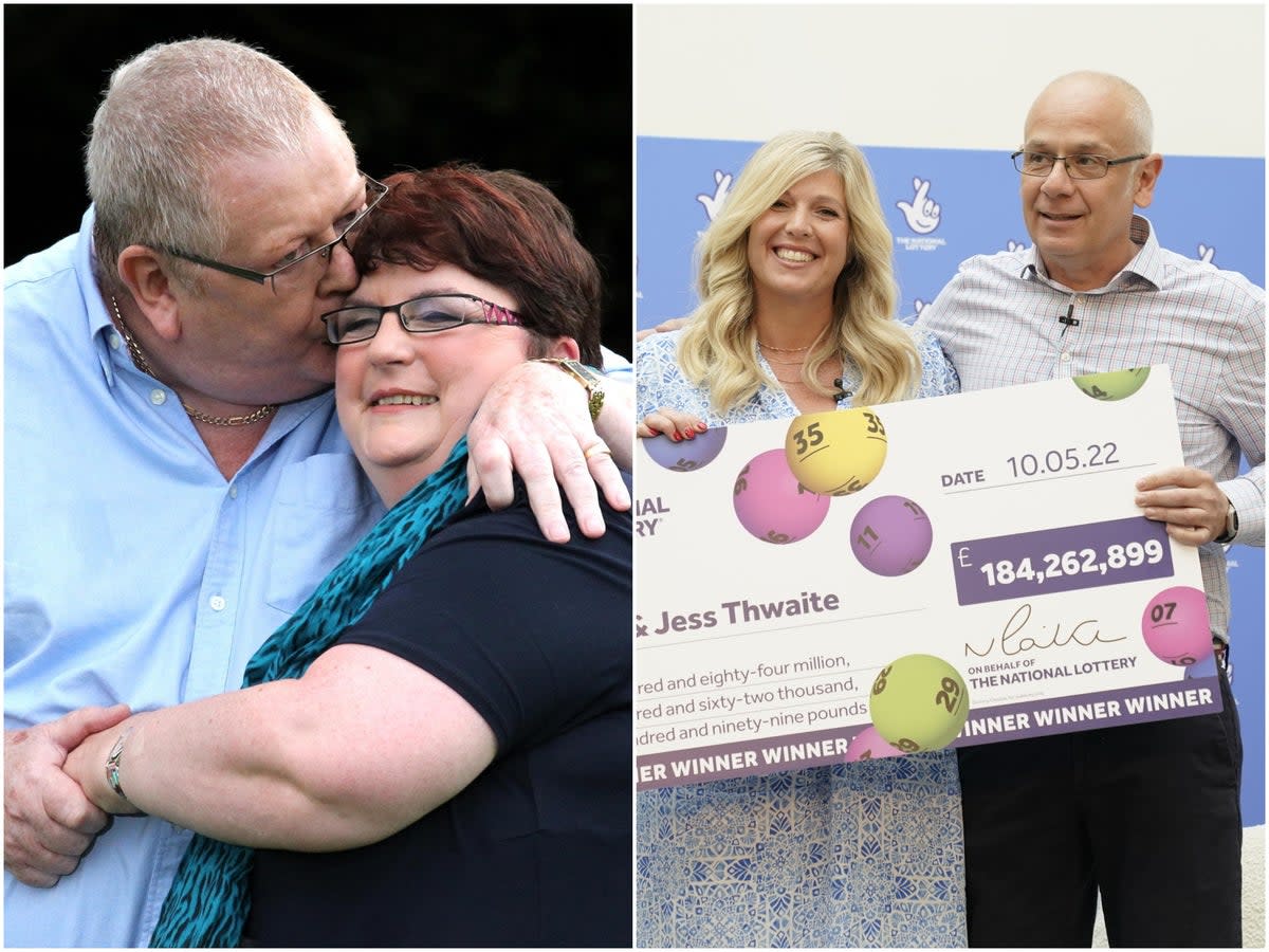 Colin and Chris Weir after their £161 million win in 2011 (left), and Joe and Jess Thwaite after their £184 million win in 2022 (right) (PA)