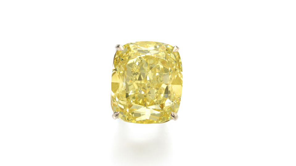"The Love Stone," a 103.62-carat fancy intense yellow diamond ring