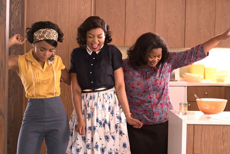 Mary Jackson (Janelle Monae, left), Katherine G. Johnson (Taraji P. Henson) and Dorothy Vaughan (Octavia Spencer) celebrate their stunning achievements in one of the greatest operations in history<br /> (Photo: Hopper Stone/Twentieth Century Fox)