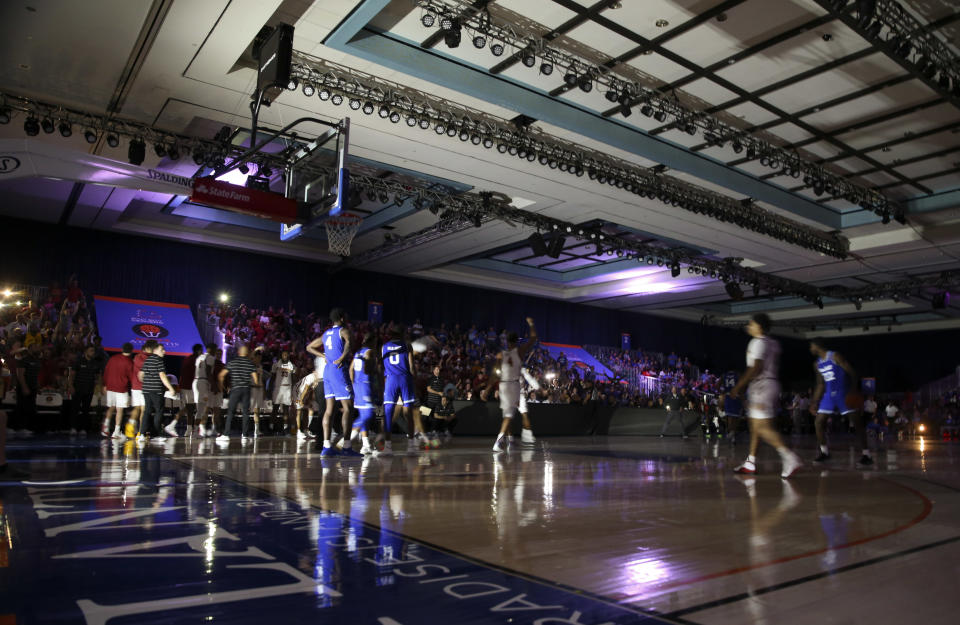 Nov 29, 2019; Nassau, BHS; The lights go out during the second half of the game between the Seton Hall Pirates and Iowa State Cyclones at Imperial Arena. Mandatory Credit: Kevin Jairaj-USA TODAY Sports