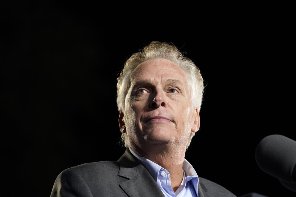 Democratic gubernatorial candidate former Virginia Gov. Terry McAuliffe speaks during a rally Tuesday, Oct. 26, 2021, in Arlington, Va. McAuliffe will face Republican Glenn Youngkin in the November election. (AP Photo/Alex Brandon)