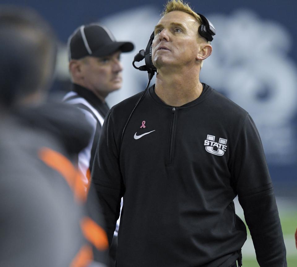 Utah State coach Blake Anderson looks up at the scoreboard during the second half of the team’s NCAA college football game against Fresno State on Friday, Oct. 13, 2023, in Logan, Utah. | Eli Lucero/The Herald Journal via AP