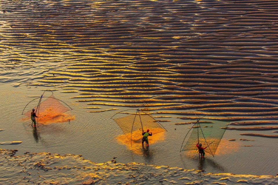 Three fishermen standing in shallow water wave colorful nets.