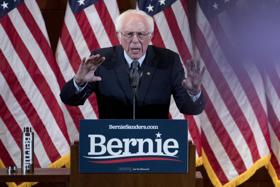 Democratic presidential candidate Sen. Bernie Sanders, I-Vt., delivers his response to President Donald Trump's State of the Union at The Currier Museum of Art, Tuesday, Feb. 4, 2020, in Manchester, N.H. (AP Photo/Andrew Harnik)