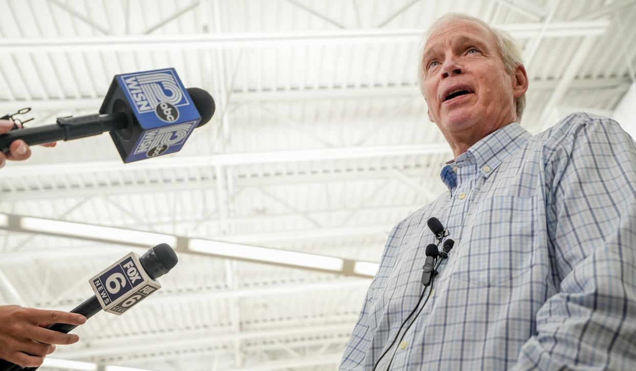 U.S. Sen. Ron Johnson answers questions from media on Friday, Aug. 12, 2022, at the Wisconsin State Fair in West Allis.