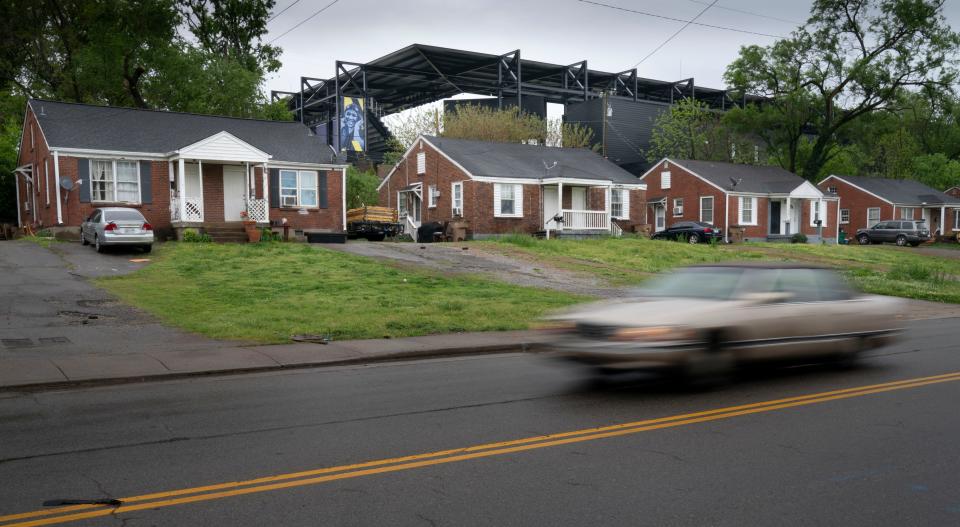 Nashville SC's GEODIS Park, built in the middle of the Wedgewood-Houston neighborhood, rises above the residents as the stadium sits on a hill on the Fairgrounds campus Monday, April 25, 2022, in Nashville, Tenn. The 30,000-seat stadium is the largest soccer-specific stadium in the United States and Canada.