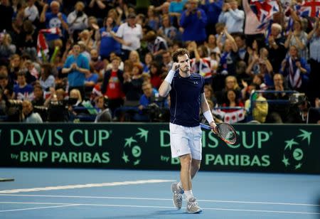 Tennis - Great Britain v Japan - Davis Cup World Group First Round - Barclaycard Arena, Birmingham - 6/3/16 Great Britain's Andy Murray celebrates during his match against Japan's Kei Nishikori Action Images via Reuters / Andrew Boyers Livepic EDITORIAL USE ONLY.