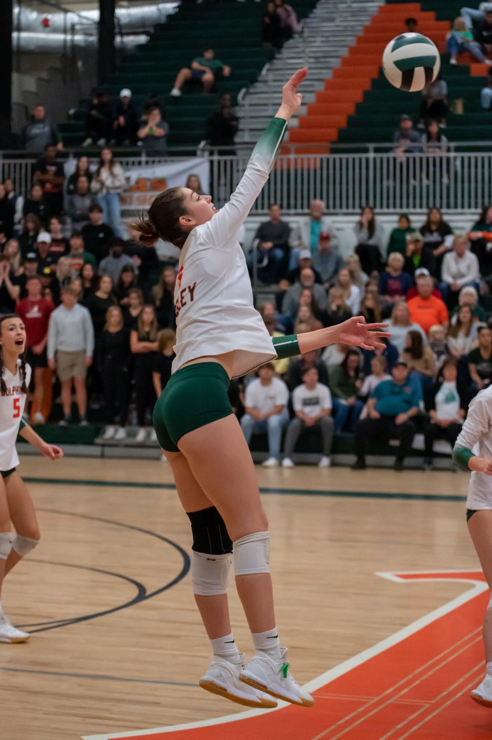 Madison Kinard goes for a kill. Mosley advanced to its first-ever state semifinal with a four-set win over Ridgeview on Saturday, Nov. 6, 2021 in Lynn Haven.