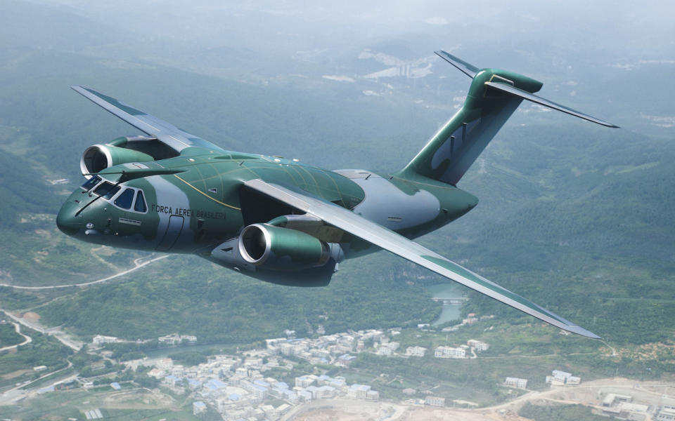 An Embraer KC-390 in camoflauge livery in flight