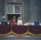 <p>The Queen, far right, on the balcony at Buckingham Palace after the wedding of Princess Anne and Mark Phillips on 14 November 1973. (Getty Images)</p> 