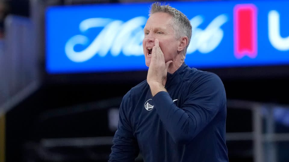 Kerr yelling out instructions to his Warriors squad during the game against the Pistons. - Jeff Chiu/AP