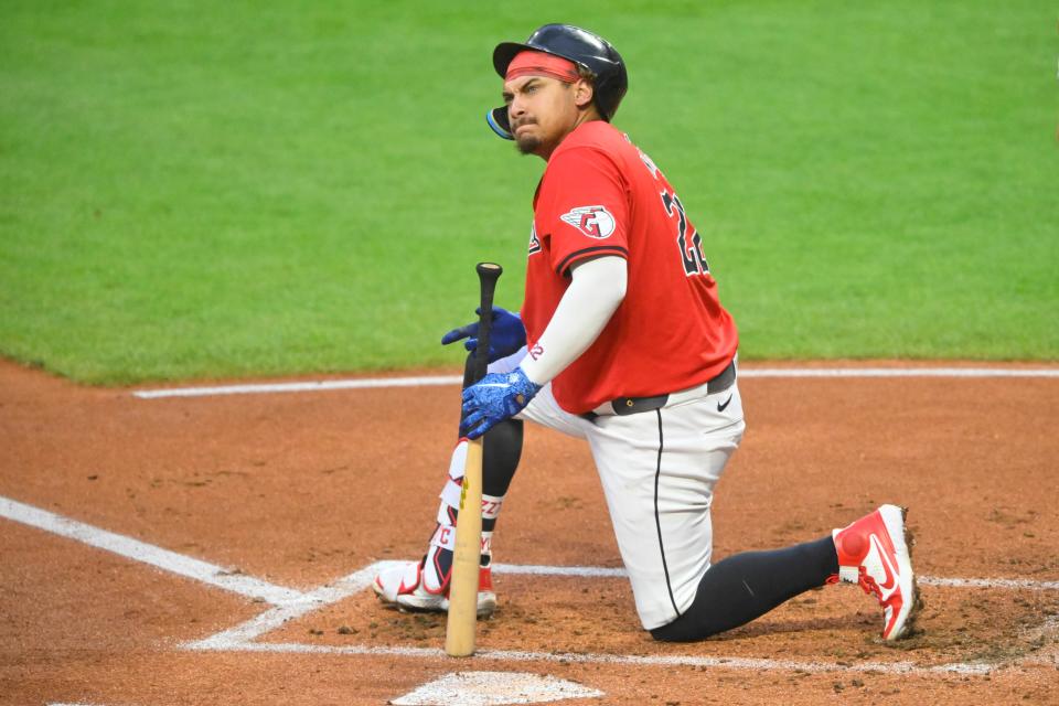 Sep 25, 2024; Cleveland, Ohio, USA; Cleveland Guardians first baseman Josh Naylor (22) reacts after he was hit by a foul ball in the first inning against the Cincinnati Reds at Progressive Field. Mandatory Credit: David Richard-Imagn Images