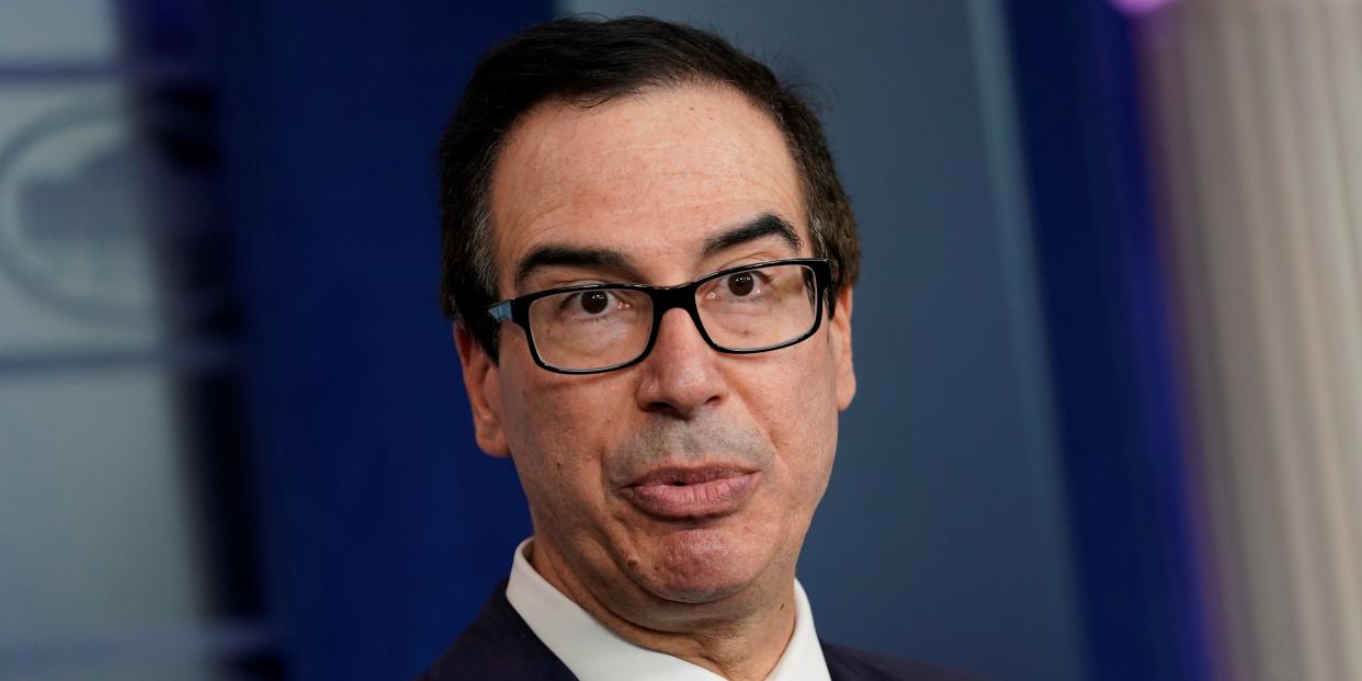 FILE PHOTO: U.S. Treasury Secretary Steve Mnuchin speaks about sanctions against Turkey at a news briefing at the White House in Washington, U.S., October 11, 2019. REUTERS/Yuri Gripas/File Photo