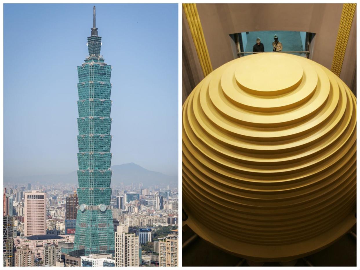side-by-side of Taipei skyscraper and massive spherical tuned mass damper
