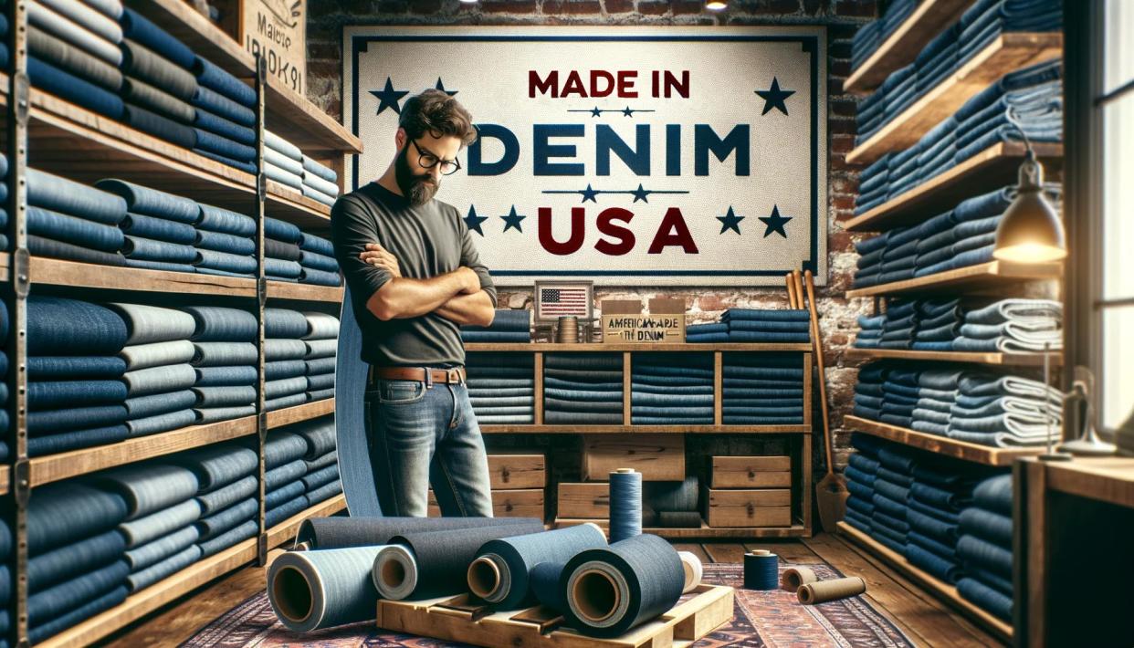 AI-generated of a man looking at denim made in the US