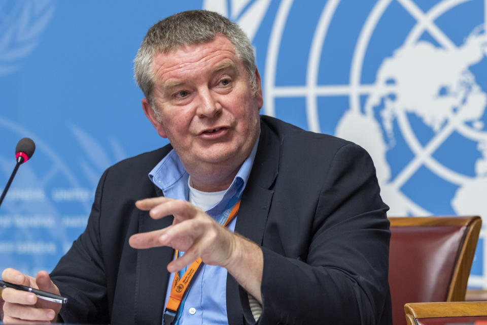 Michael Ryan, Executive Director, WHO Health Emergencies Programme, speaks about the Update on WHO Ebola operations in the Democratic Republic of the Congo (DRC), at the European headquarters of the United Nations in Geneva, Switzerland, Friday, May 03, 2019. (Martial Trezzini/Keystone via AP)